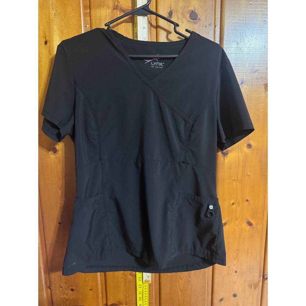Lynx Black Mock Wrap V-Neck Scrub Top Short Sleeve Medical Uniform Medium